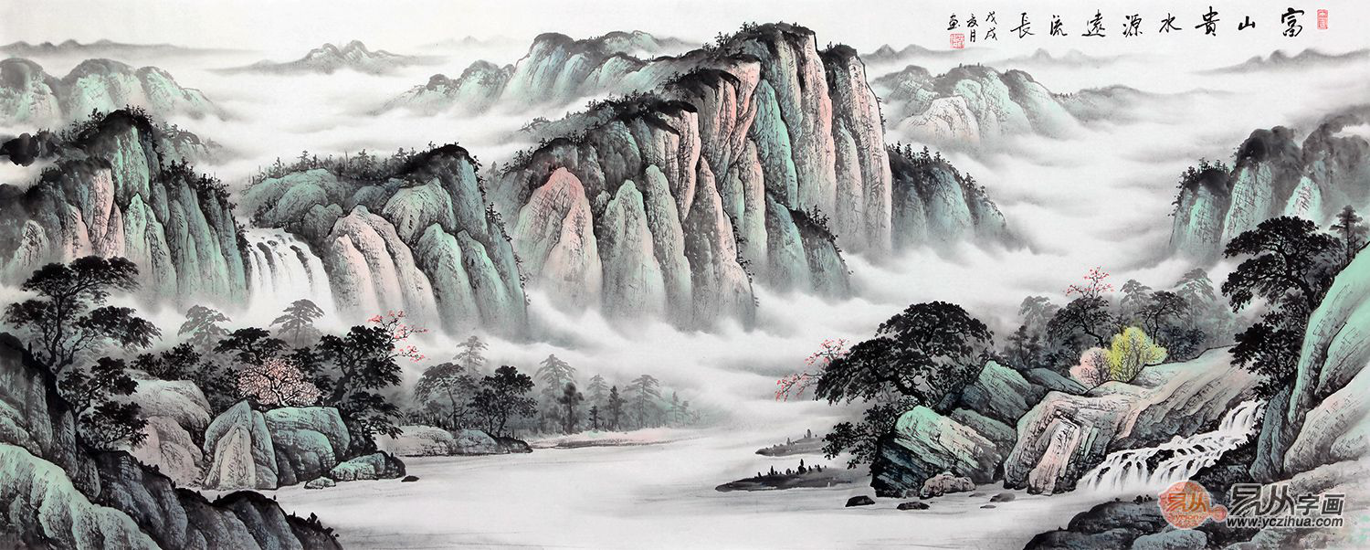 蒋伟最新八尺横幅山水画作品《富山贵水源远流长》