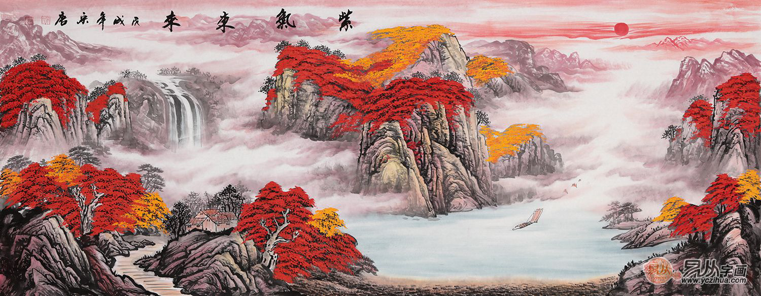 《紫气东来》顺风顺水财源广进,描绘了辽阔艳丽的自然山水景色,这幅画