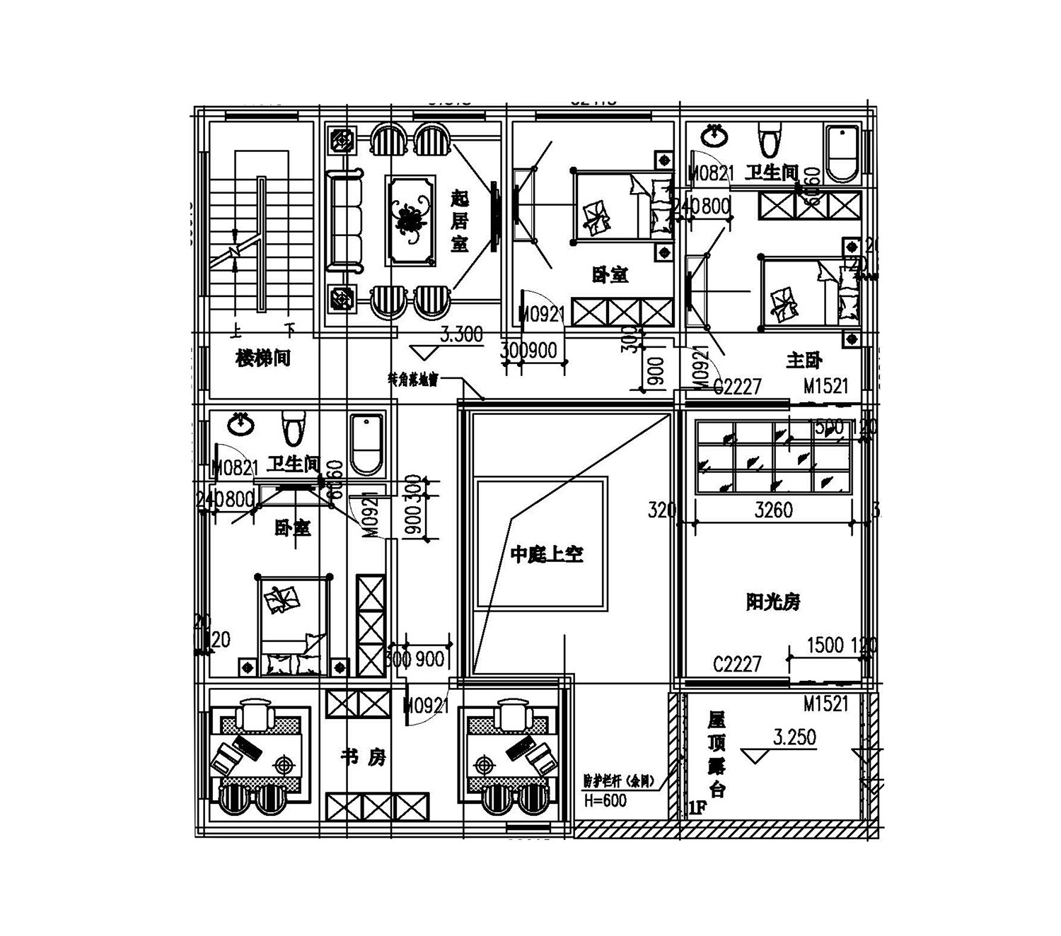 占地15x14二层带露台自建别墅设计全套施工图 住宅在线
