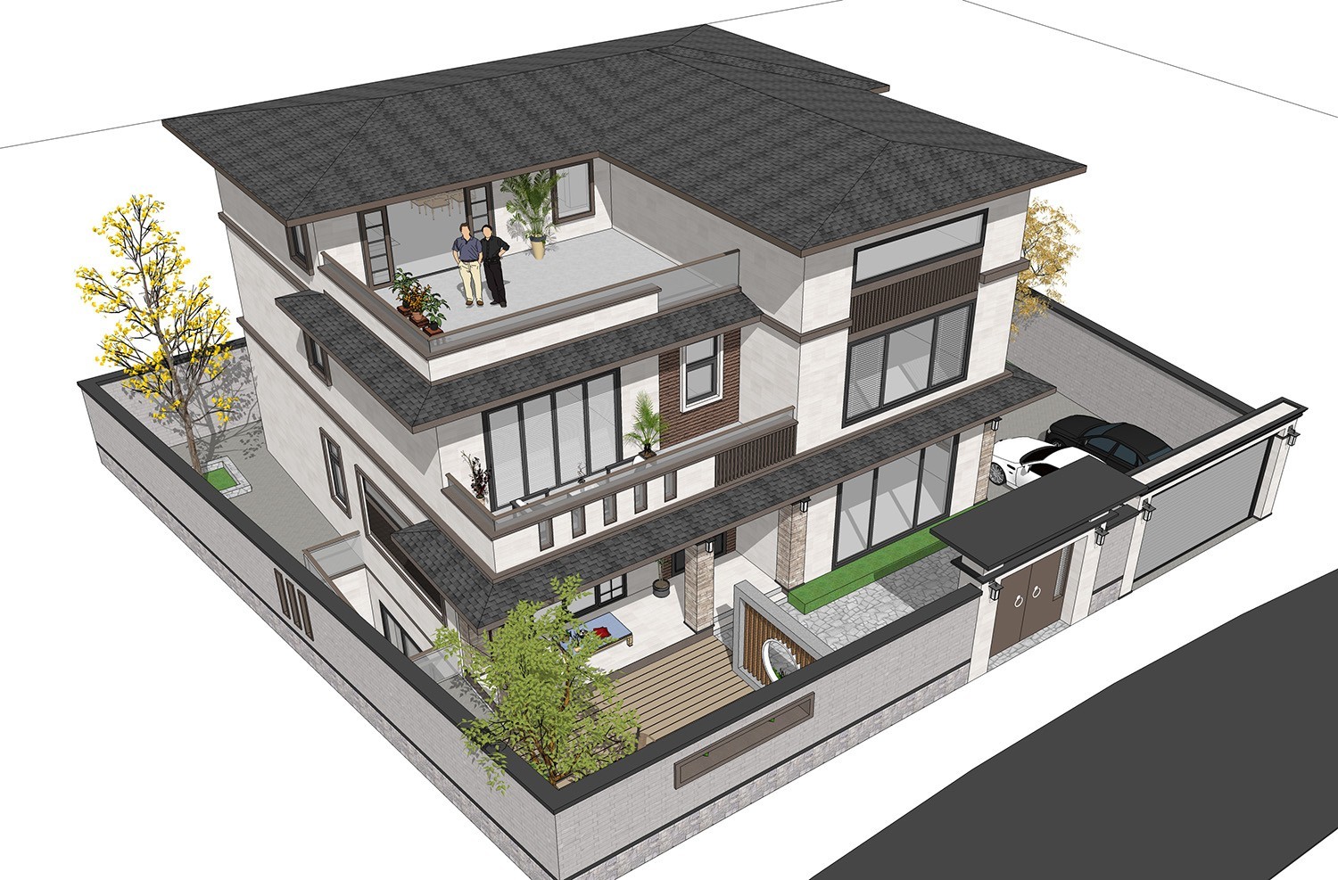 占地14x13三层带庭院露台自建别墅设计全套施工图 住宅在线