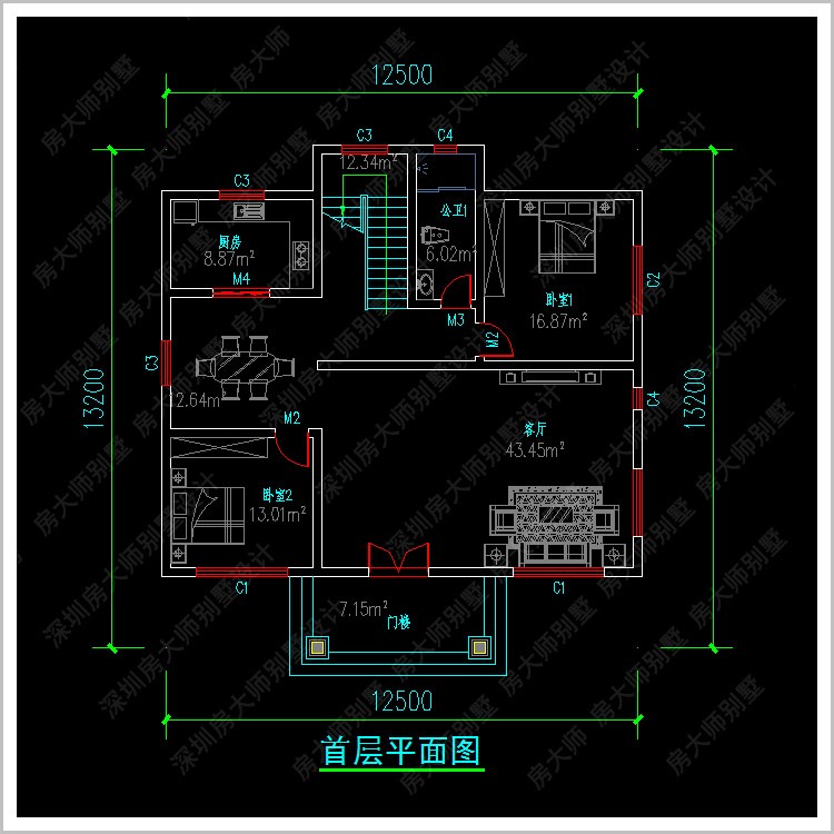 【雙露臺】二層簡約歐式別墅圖紙 佔地12.8x14