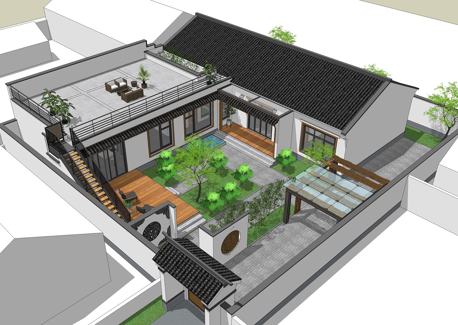 佔地18x21一層帶庭院自建別墅設計全套施工圖