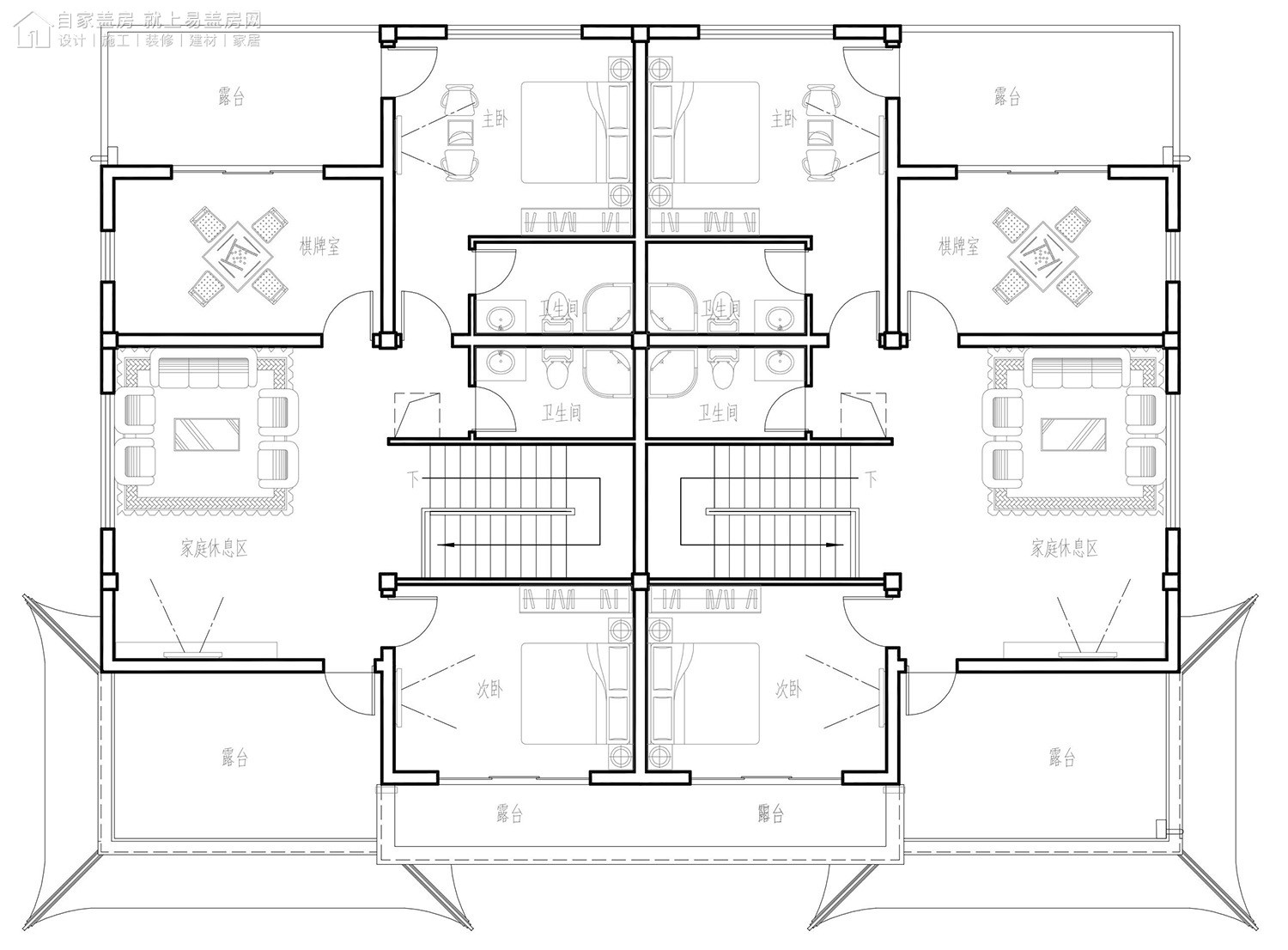占地19x16三层双拼带露台自建别墅设计全套施工图