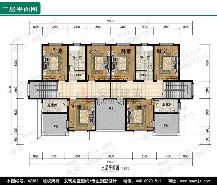 占地19x12三层双拼带露台自建别墅设计全套施工图 