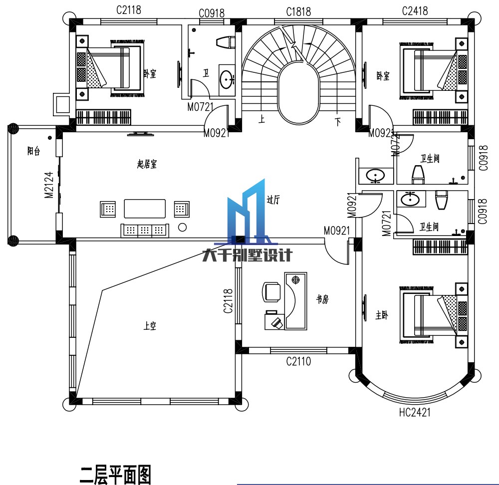 三层豪华别墅 客厅挑空 落地窗 旋转楼梯 